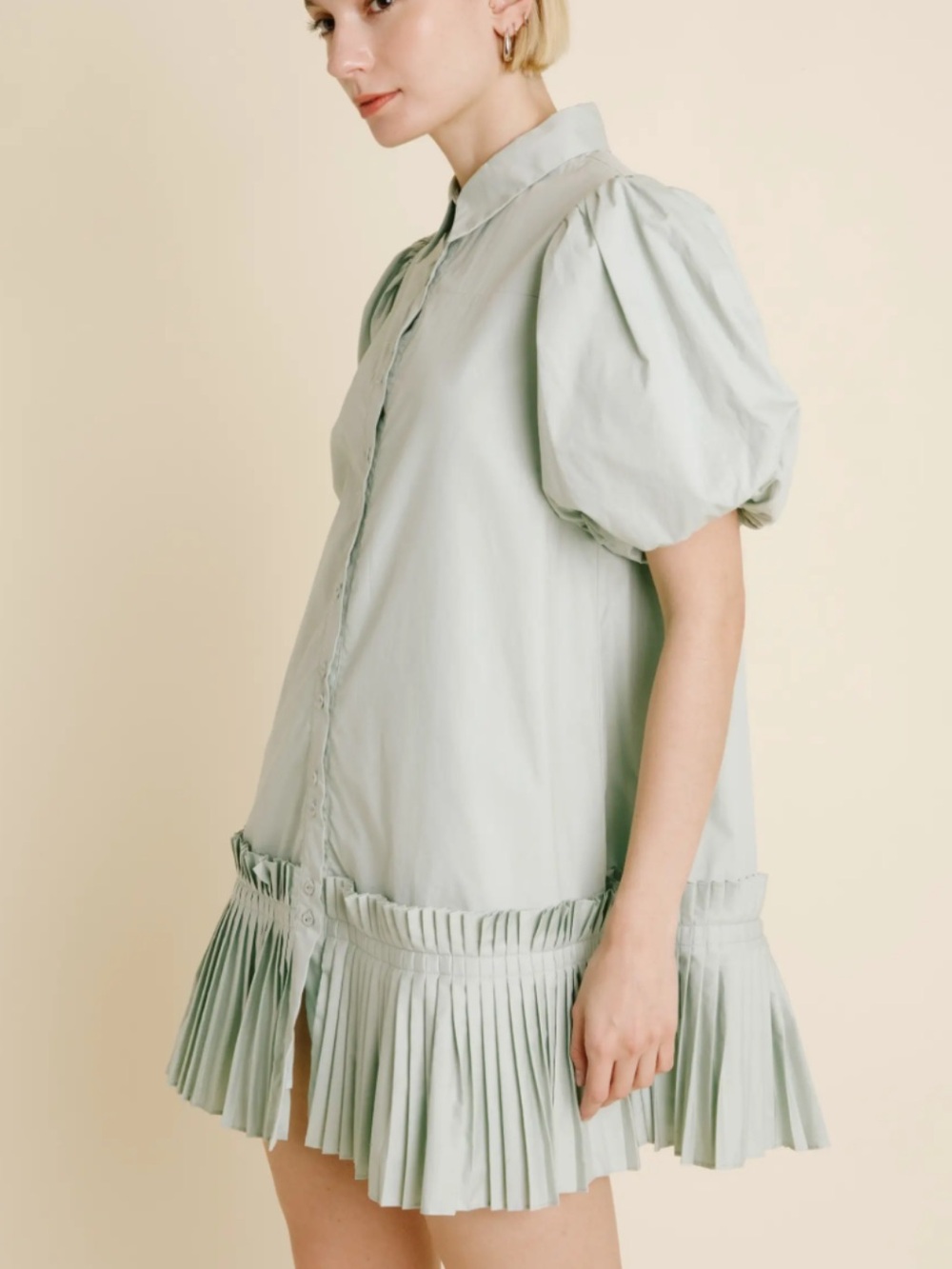AUREUM Pale Mint Puff-Sleeve Mini Dress with Pleated Drop Waist